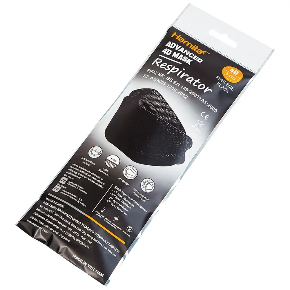 Hình ảnh Khẩu trang y tế Hamita Advanced 4D Mask màu đen hỗ trợ ngăn khói, bụi, kháng khuẩn (5 cái)