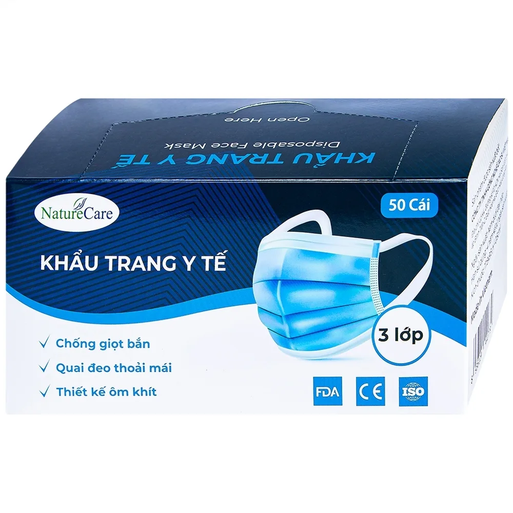 Hình ảnh Khẩu trang y tế Naturecare màu xanh 3 lớp hỗ trợ ngăn khói, bụi, kháng khuẩn (50 cái)