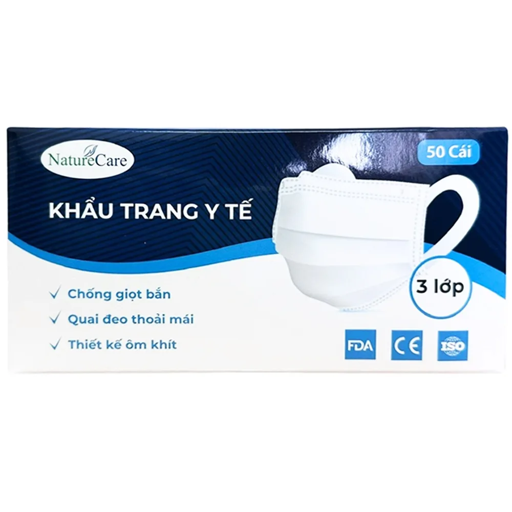 Hình ảnh Khẩu trang y tế Naturecare màu trắng 3 lớp hỗ trợ ngăn khói, bụi, kháng khuẩn (50 cái)