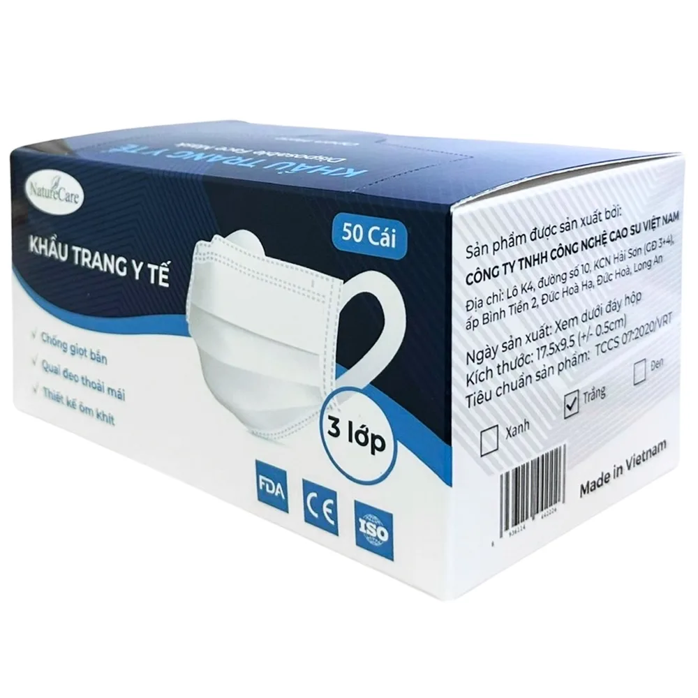 Hình ảnh Khẩu trang y tế Naturecare màu trắng 3 lớp hỗ trợ ngăn khói, bụi, kháng khuẩn (50 cái)