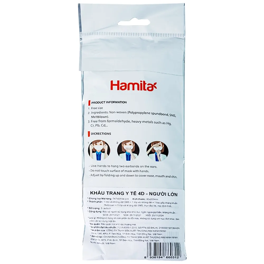 Hình ảnh Khẩu trang y tế Hamita Advanced 4D Mask màu trắng hỗ trợ ngăn khói, bụi, kháng khuẩn (5 cái)