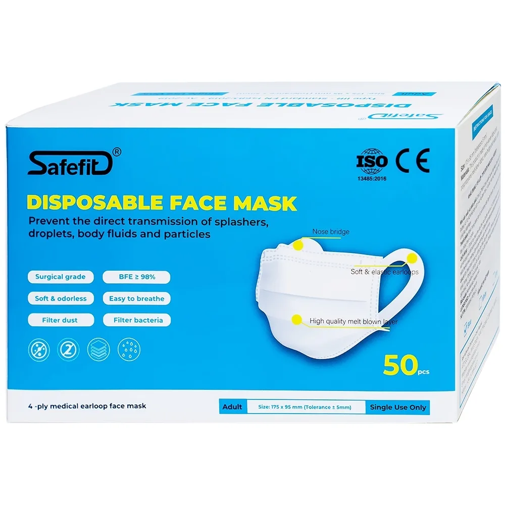 Hình ảnh Khẩu trang y tế Safefit màu xanh 4 lớp hỗ trợ ngăn khói, bụi, kháng khuẩn (50 cái)