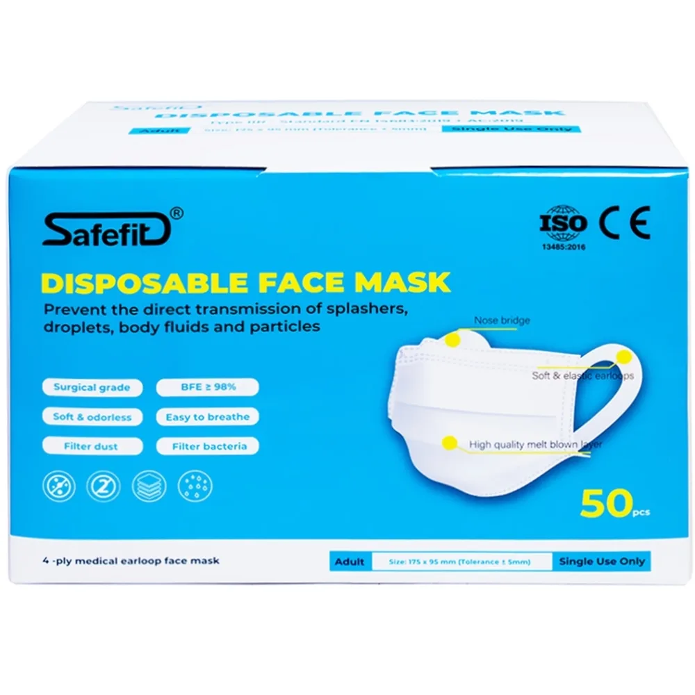 Hình ảnh Khẩu trang y tế Safefit màu xanh 4 lớp hỗ trợ ngăn khói, bụi, kháng khuẩn (50 cái)