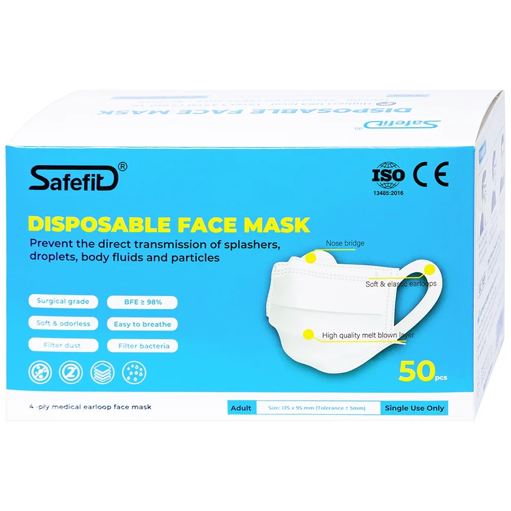 Hình ảnh Khẩu trang y tế Safefit màu trắng 4 lớp hỗ trợ ngăn khói, bụi, kháng khuẩn (50 cái)
