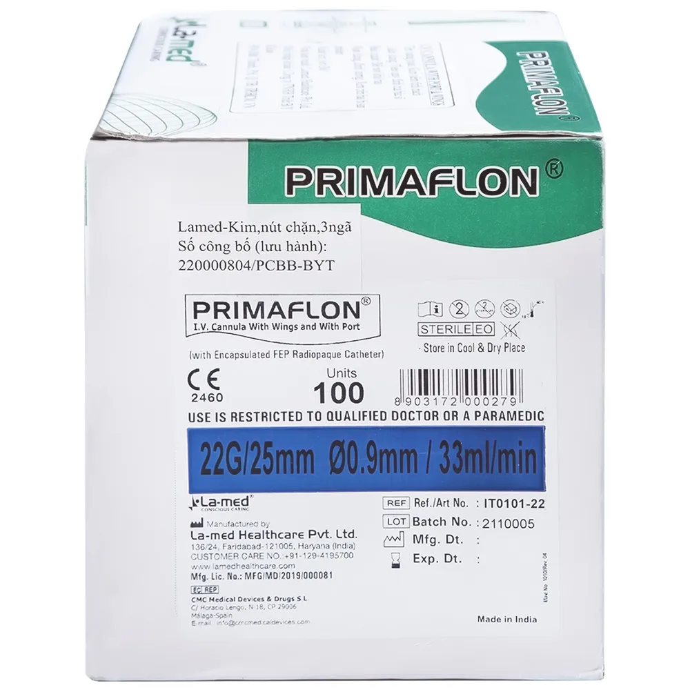 Hình ảnh Kim tiêm tĩnh mạch 22g/25mm Primaflon Lamed hạn chế lệch vỡ vein khi dẫn truyền dịch (100 cây)