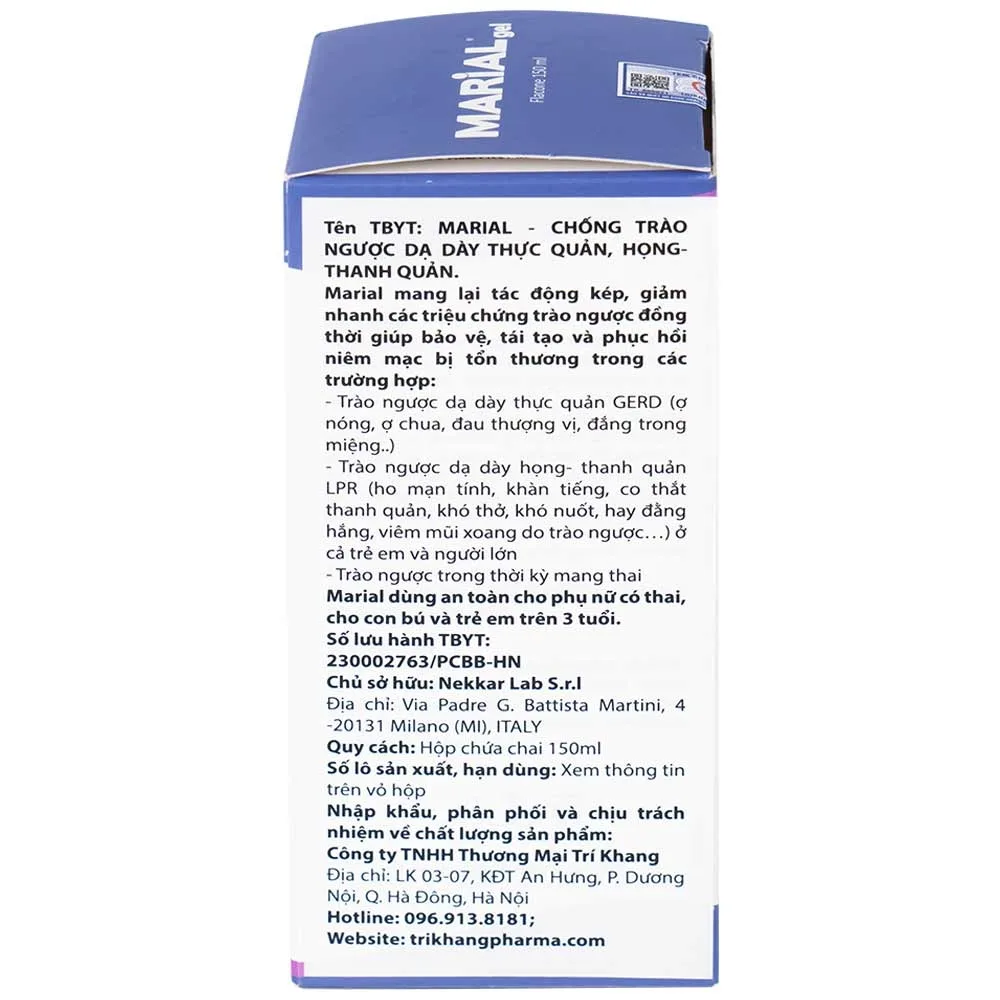 Hình ảnh Marial Gel chống trào ngược dạ dày thực quản, bảo vệ, tái tạo và phục hồi niêm mạc họng (150ml)