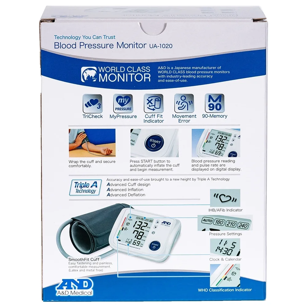 Hình ảnh Máy đo huyết áp bắp tay tự động AND UA-1020 hỗ trợ đo huyết áp và nhịp tim
