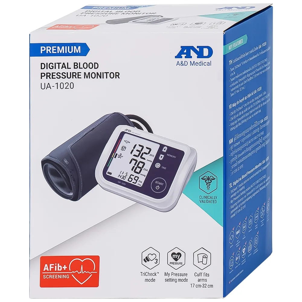 Hình ảnh Máy đo huyết áp bắp tay tự động AND UA-1020 hỗ trợ đo huyết áp, cảnh báo đột quỵ
