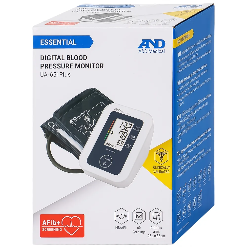 Hình ảnh Máy đo huyết áp bắp tay tự động AND UA-651 Plus hỗ trợ đo huyết áp, cảnh báo đột quỵ