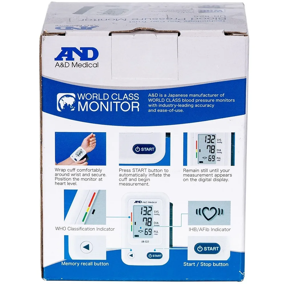 Hình ảnh Máy đo huyết áp cổ tay tự động AND UB-525 hỗ trợ đo huyết áp và nhịp tim