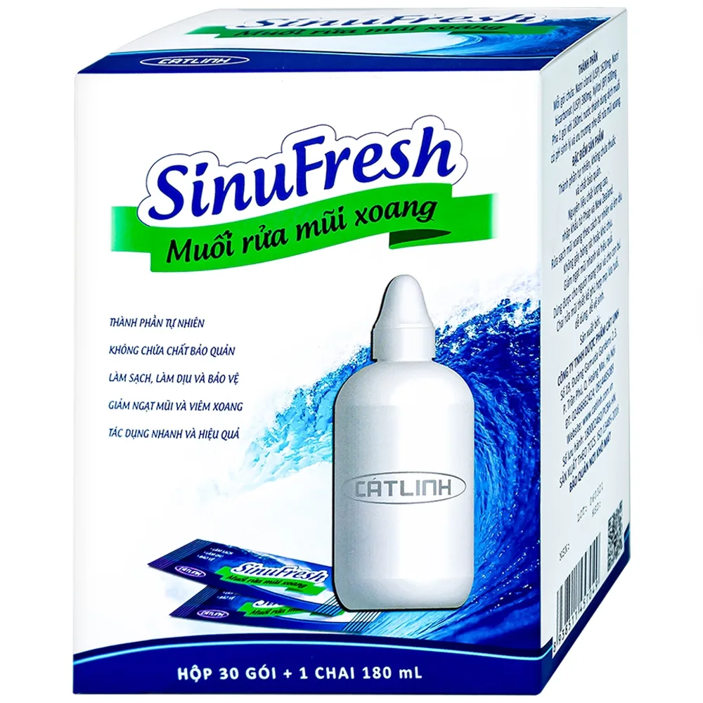 Hình ảnh Muối rửa mũi xoang SinuFresh Cát Linh dùng cho khô mũi, ngạt mũi, chảy nước mũi (30 gói + 1 chai 180ml)