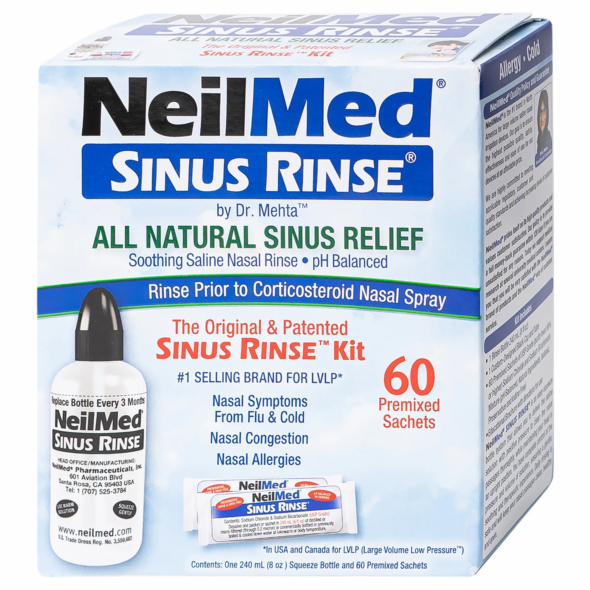 Hình ảnh Bộ dụng cụ 1 bình + 60 gói bột rửa mũi NeilMed Sinus Rinse làm sạch và ngăn ngừa chứng viêm mũi dị ứng