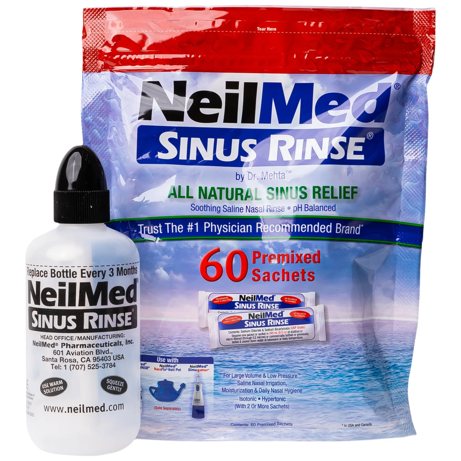 Hình ảnh Bộ dụng cụ 1 bình + 60 gói bột rửa mũi NeilMed Sinus Rinse làm sạch và ngăn ngừa chứng viêm mũi dị ứng