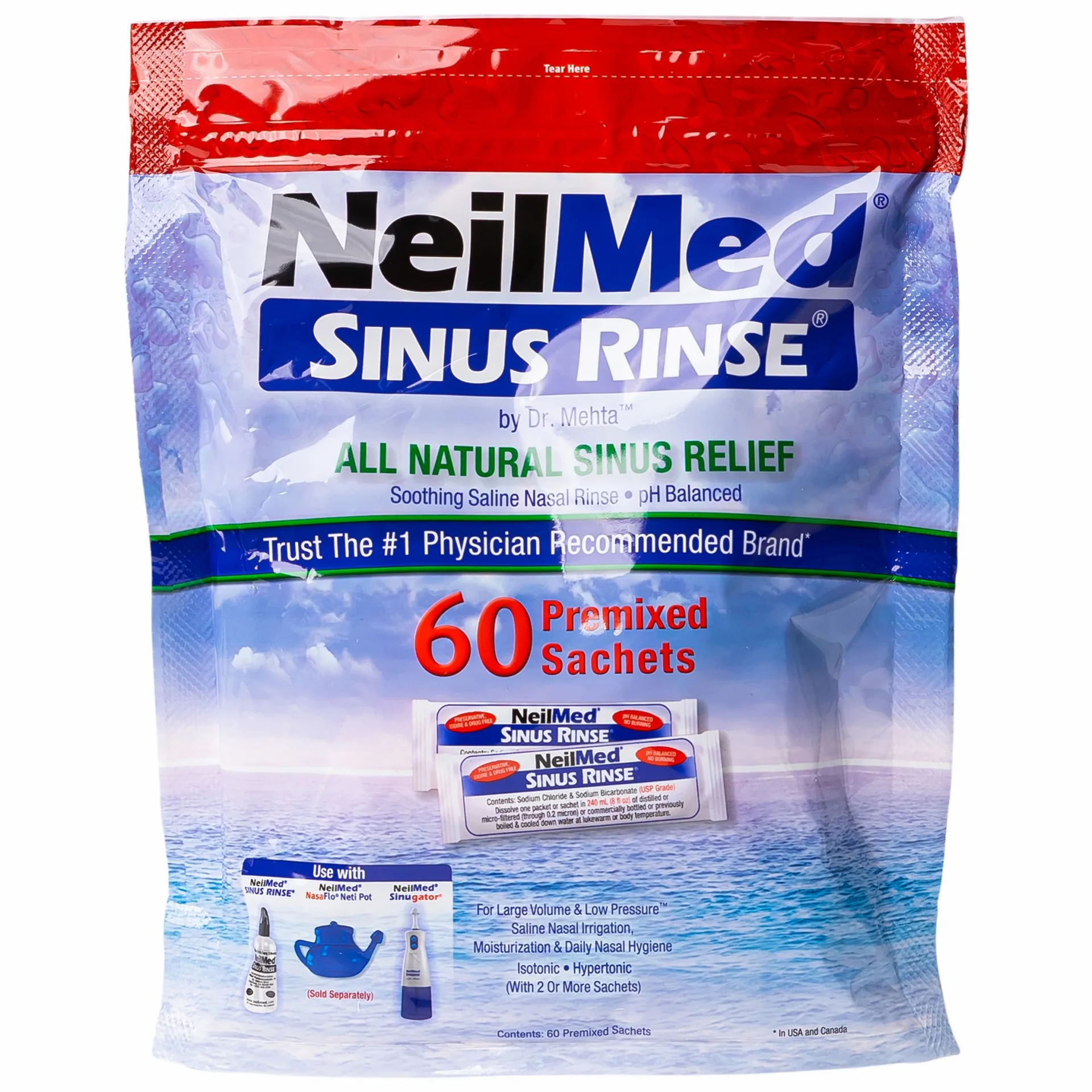 Hình ảnh Bộ dụng cụ 1 bình + 60 gói bột rửa mũi NeilMed Sinus Rinse làm sạch và ngăn ngừa chứng viêm mũi dị ứng
