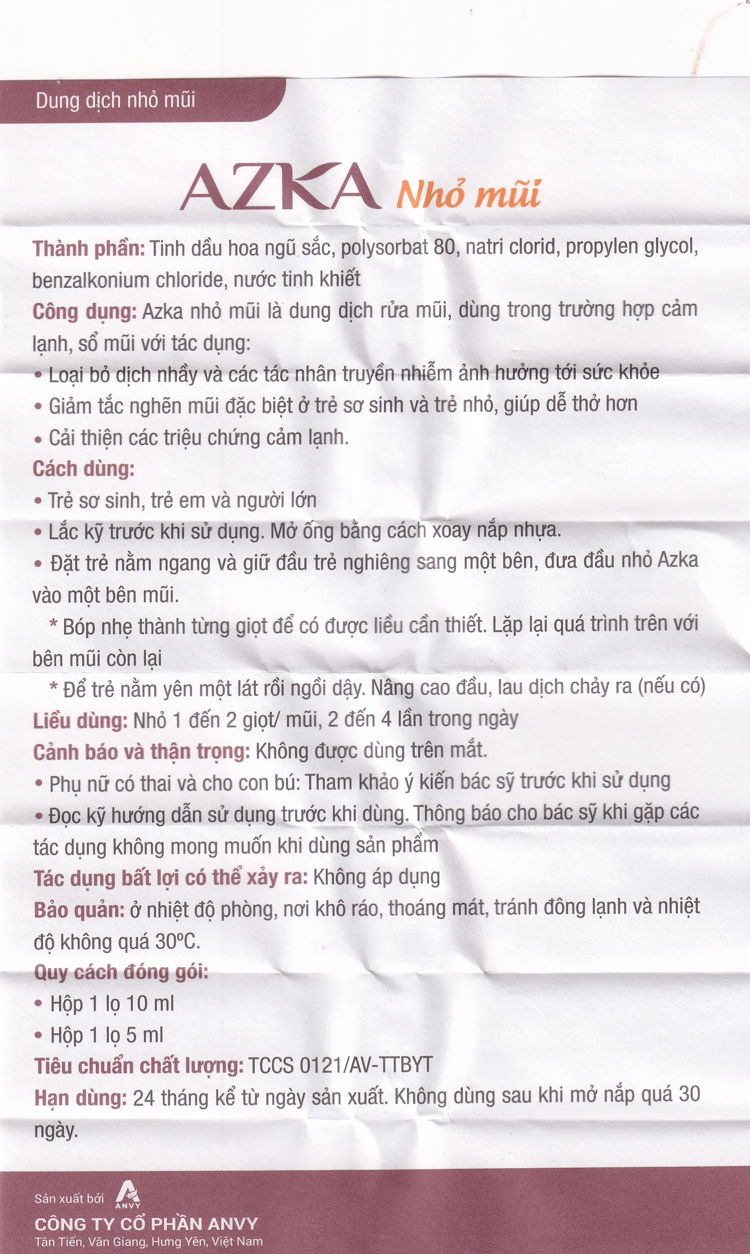 Hình ảnh Dung dịch nhỏ mũi Azka 10ml Anvy dùng trong cảm lạnh, sổ mũi, loại bỏ dịch nhầy