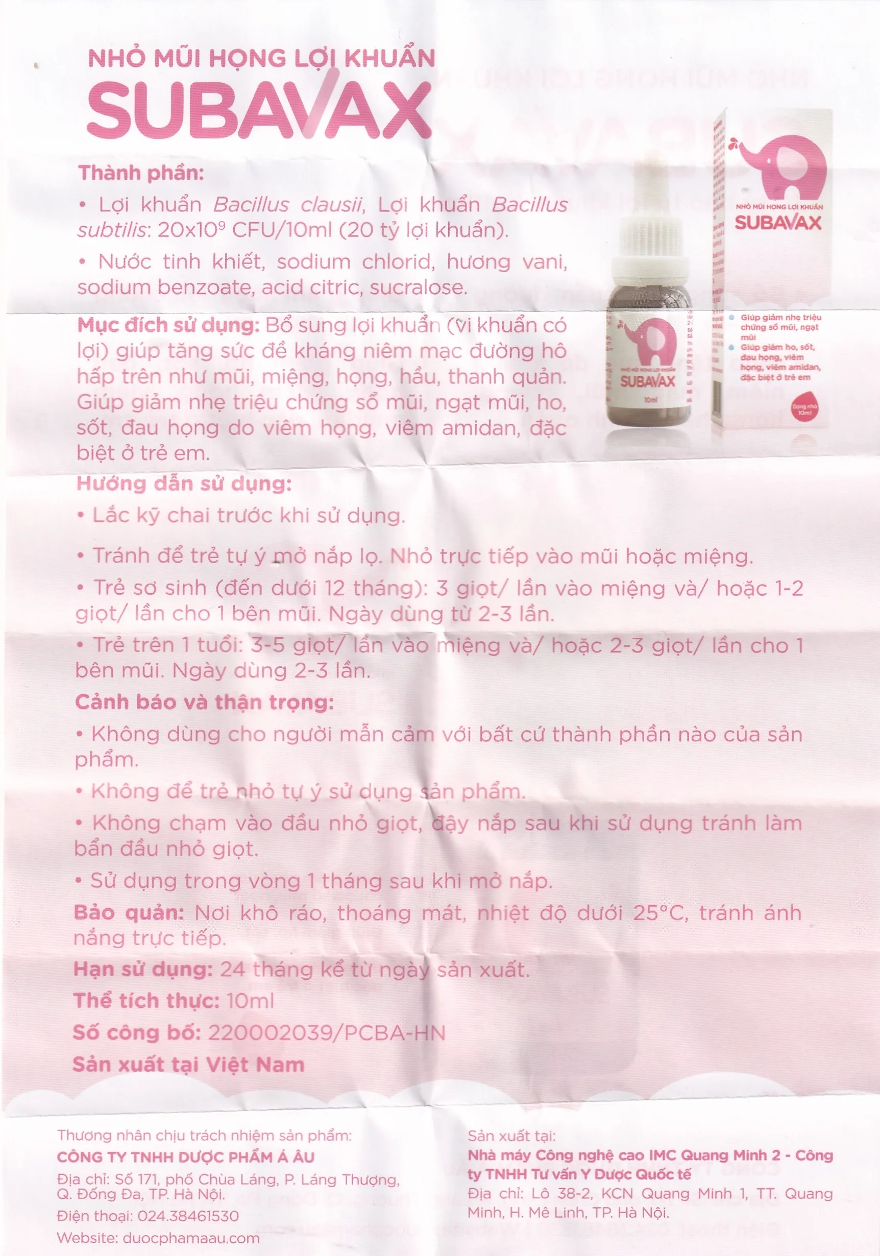Hình ảnh Nhỏ mũi họng lợi khuẩn Subavax 10ml Á Âu tăng sức đề kháng niêm mạc đường hô hấp trên