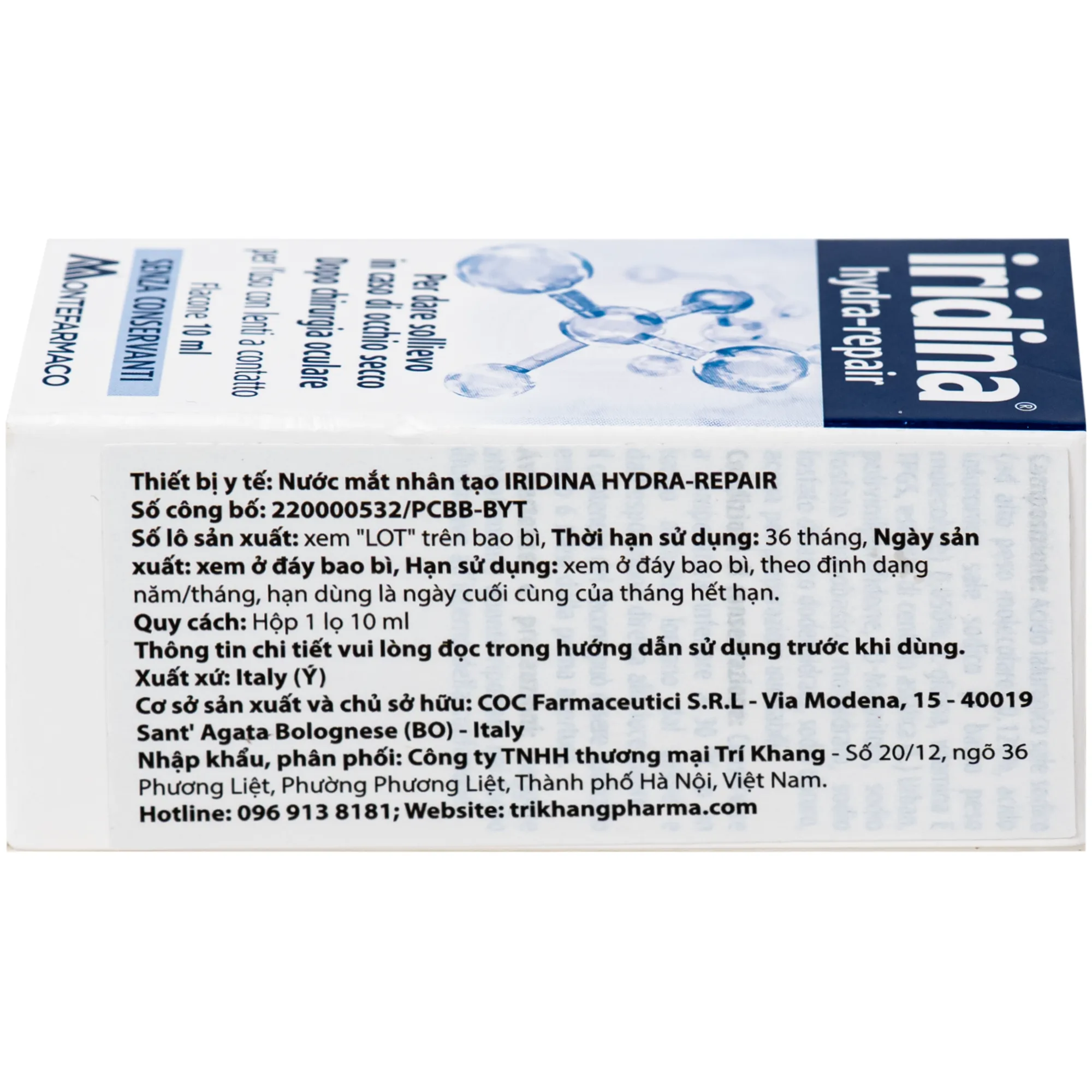 Hình ảnh Nước mắt nhân tạo Iridina hydra-repair Giảm Kích Ứng, khô mắt, bảo vệ và phục hồi nhãn cầu (10ml)