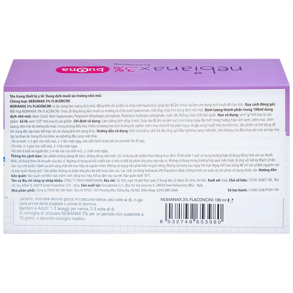Hình ảnh Dung dịch muối ưu trương nhỏ mũi Buona Nebianax 3% làm loãng dịch nhầy ở mũi (20 ống)