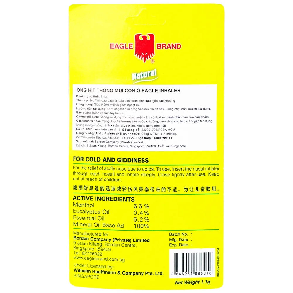 Hình ảnh Ống hít thông mũi con ó Eagle Inhaler 1.1g thông mũi, giảm nghẹt mũi (12 ống)