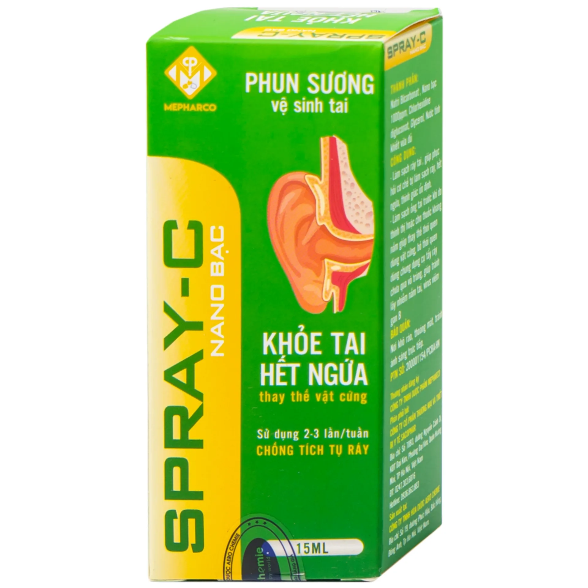 Hình ảnh Phun sương vệ sinh tai Spray-C Nano Bạc Aero Chemie làm sạch ráy tai, phục hồi cơ chế tự làm sạch ráy (15ml)