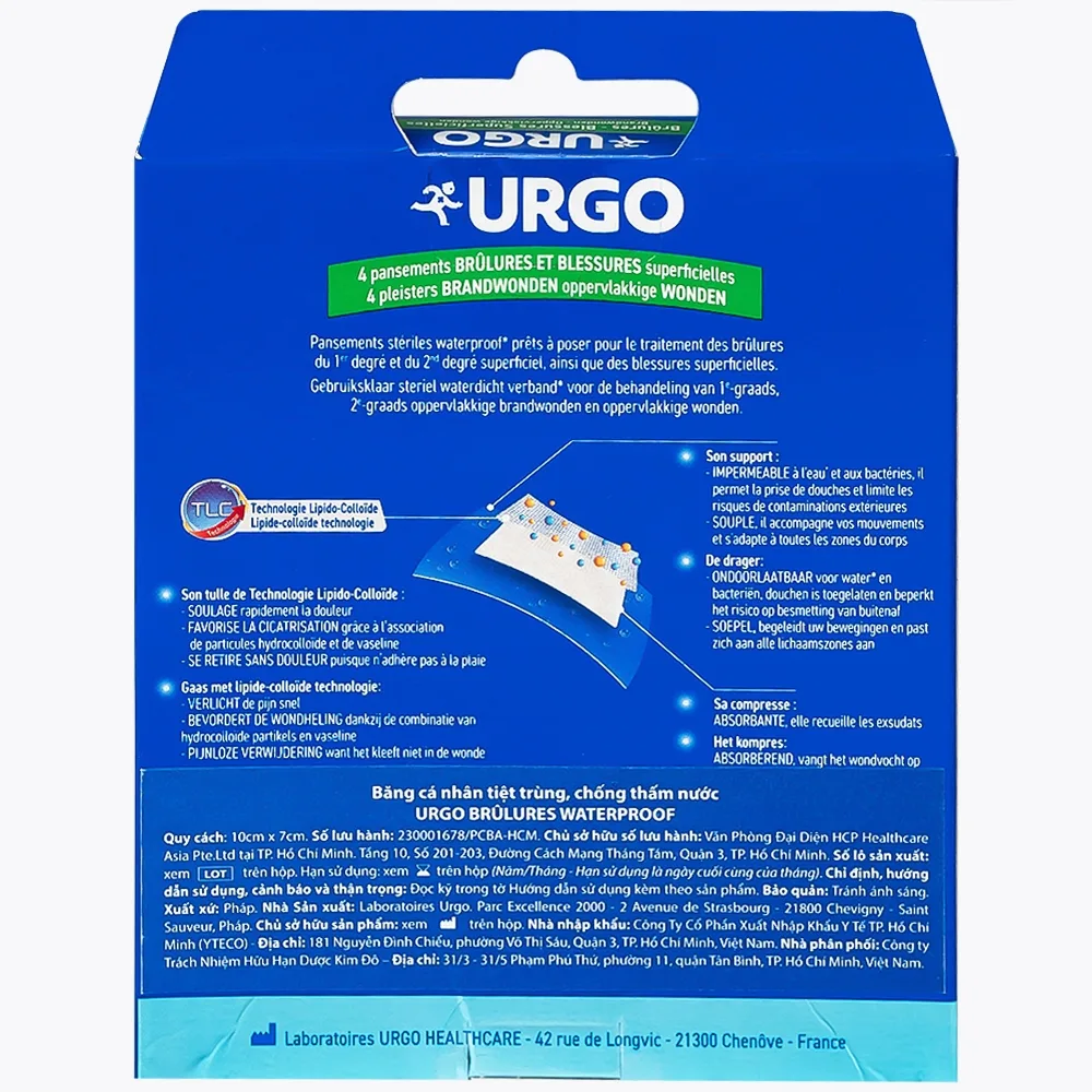 Hình ảnh Băng cá nhân tiệt trùng Urgo Brulures Waterproof 10cm x 7cm cho vết thương bỏng, thấm hút dịch tiết cho vết thương (4 miếng)