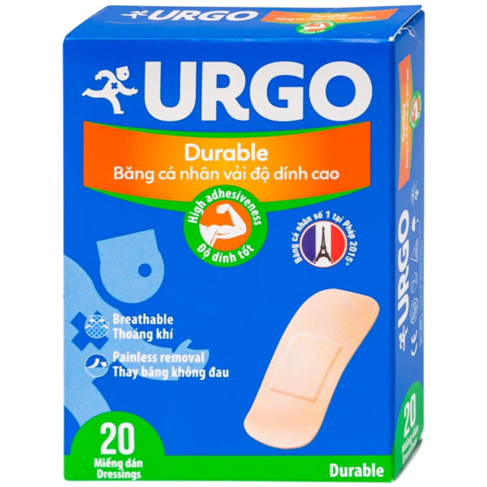 Hình ảnh Băng cá nhân vải độ dính cao Urgo Durable size 2cm x 6cm bảo vệ các vết thương nhỏ, vết trầy xước, rách da (20 miếng)