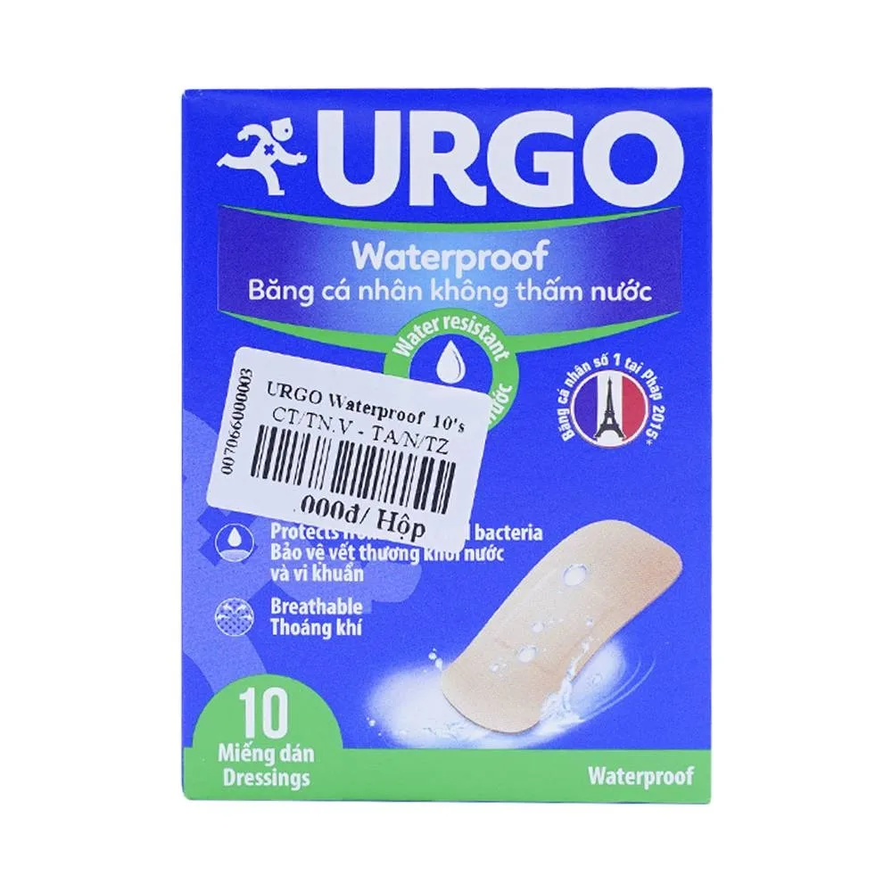 Hình ảnh Băng cá nhân không thấm nước Urgo Waterproof bảo vệ vết thương nhỏ, vết trầy xước, rách da (10 miếng)