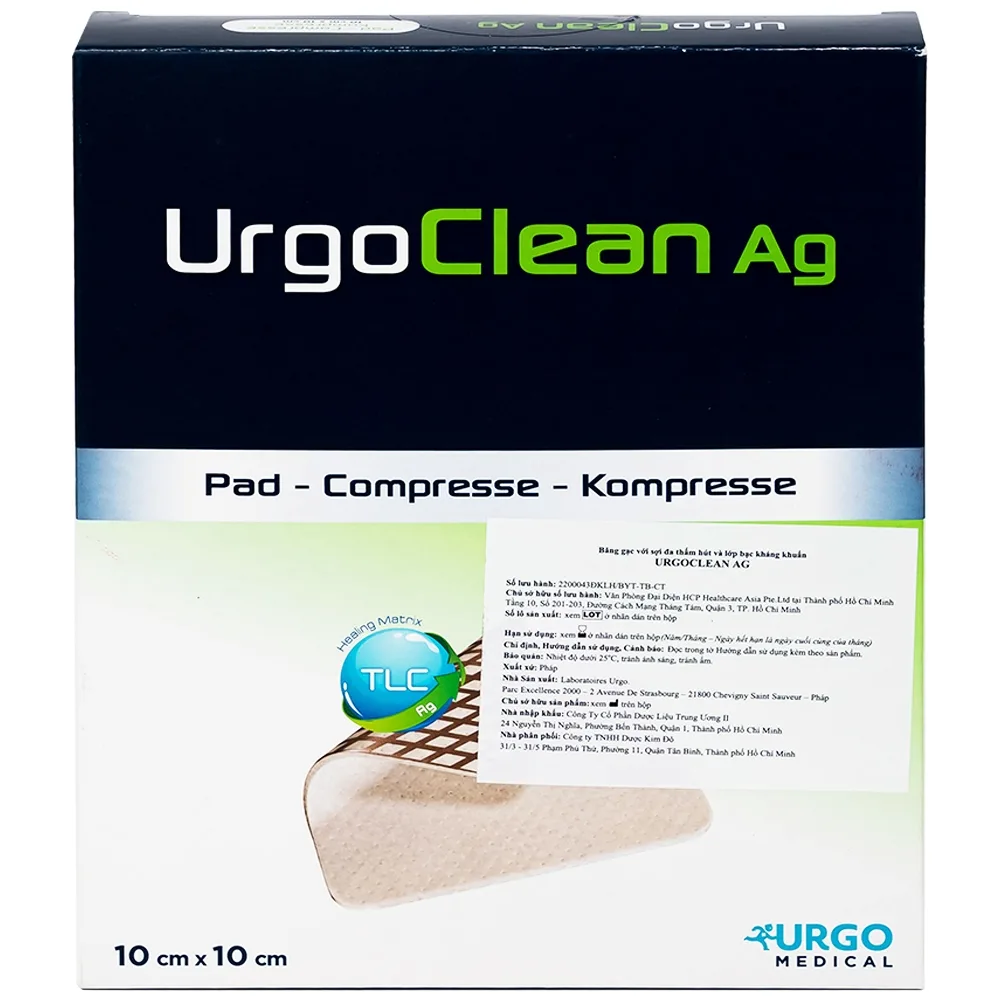 Hình ảnh Gạc kháng khuẩn chống dính UrgoClean Ag 10cm x 10cm Urgo làm sạch vết thương mạn tính (10 miếng)