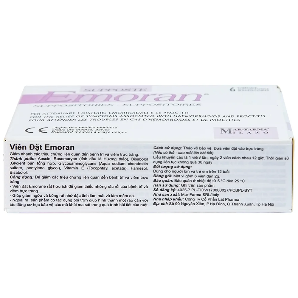 Hình ảnh Viên đặt Supposte Emoran giảm các triệu chứng của bệnh trĩ, viêm trực tràng (6 viên)