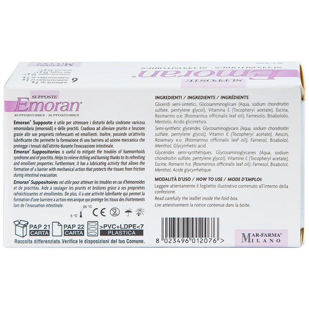 Hình ảnh Viên đặt Supposte Emoran giảm các triệu chứng của bệnh trĩ, viêm trực tràng (6 viên)