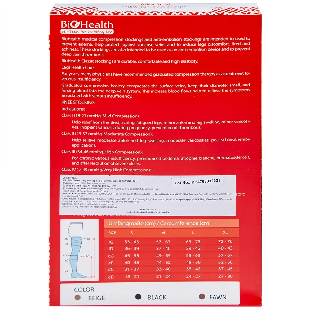 Hình ảnh Vớ gối y khoa Medical Compression Stocking Model Classic I Biohealth size L màu da điều trị giãn tĩnh mạch chân