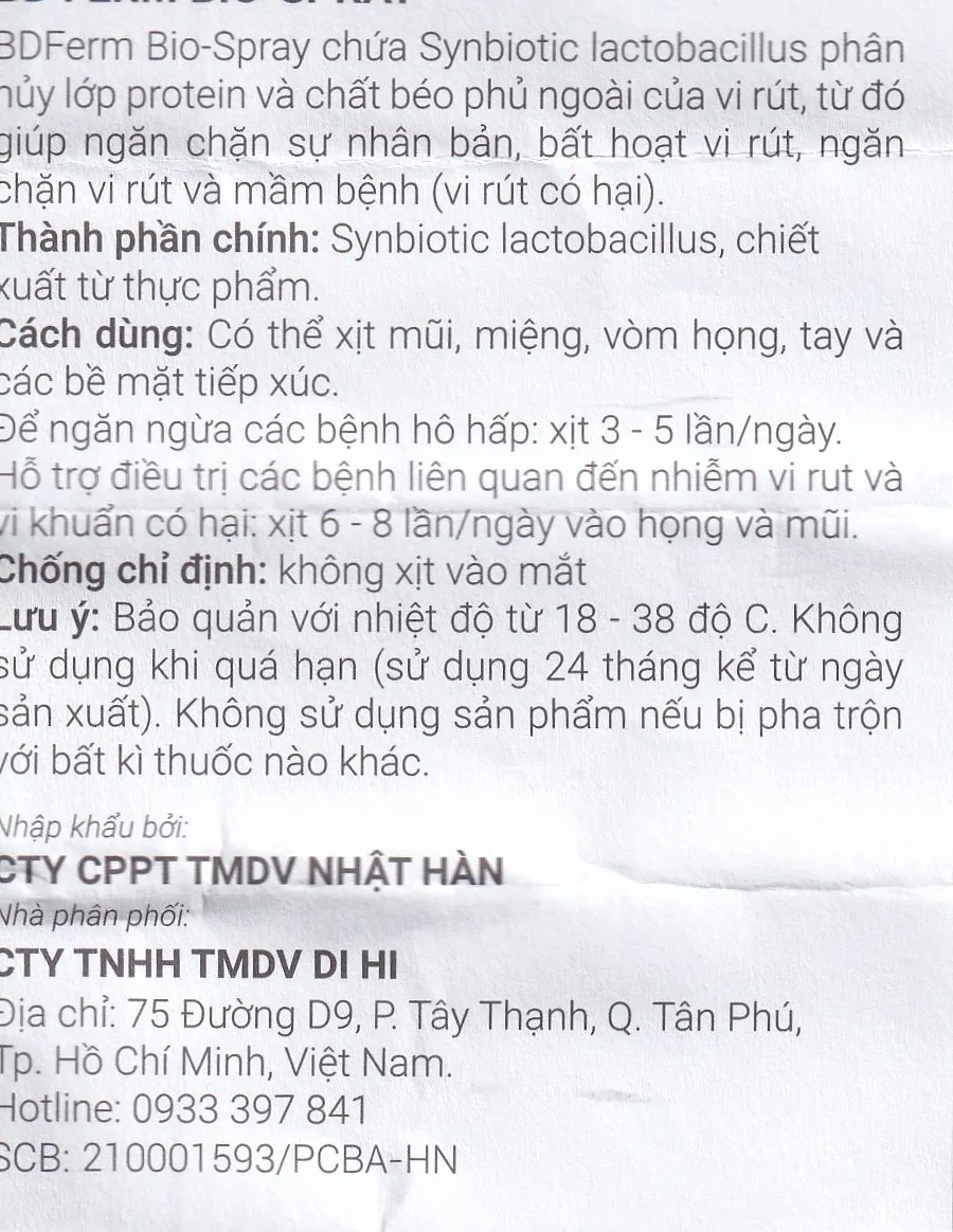 Hình ảnh Men vi sinh kháng khuẩn dạng xịt BDFerm Bio - Spray 30ml ngăn ngừa các bệnh hô hấp