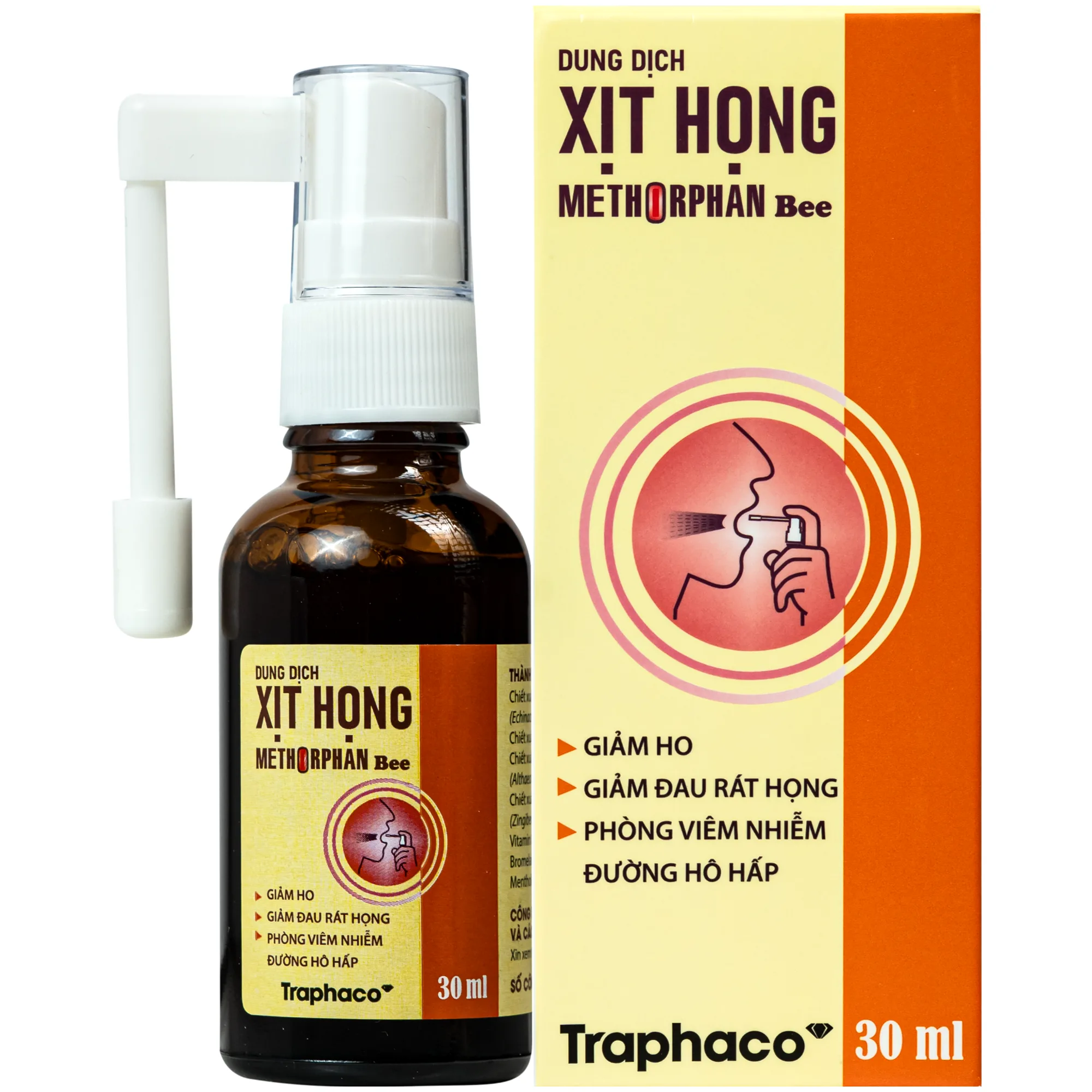Hình ảnh Xịt họng Methorphan Bee Traphaco giảm ho, viêm họng, viêm phế quản - Giảm nhiệt miệng, viêm loét miệng, viêm nướu, hôi miệng (30ml)